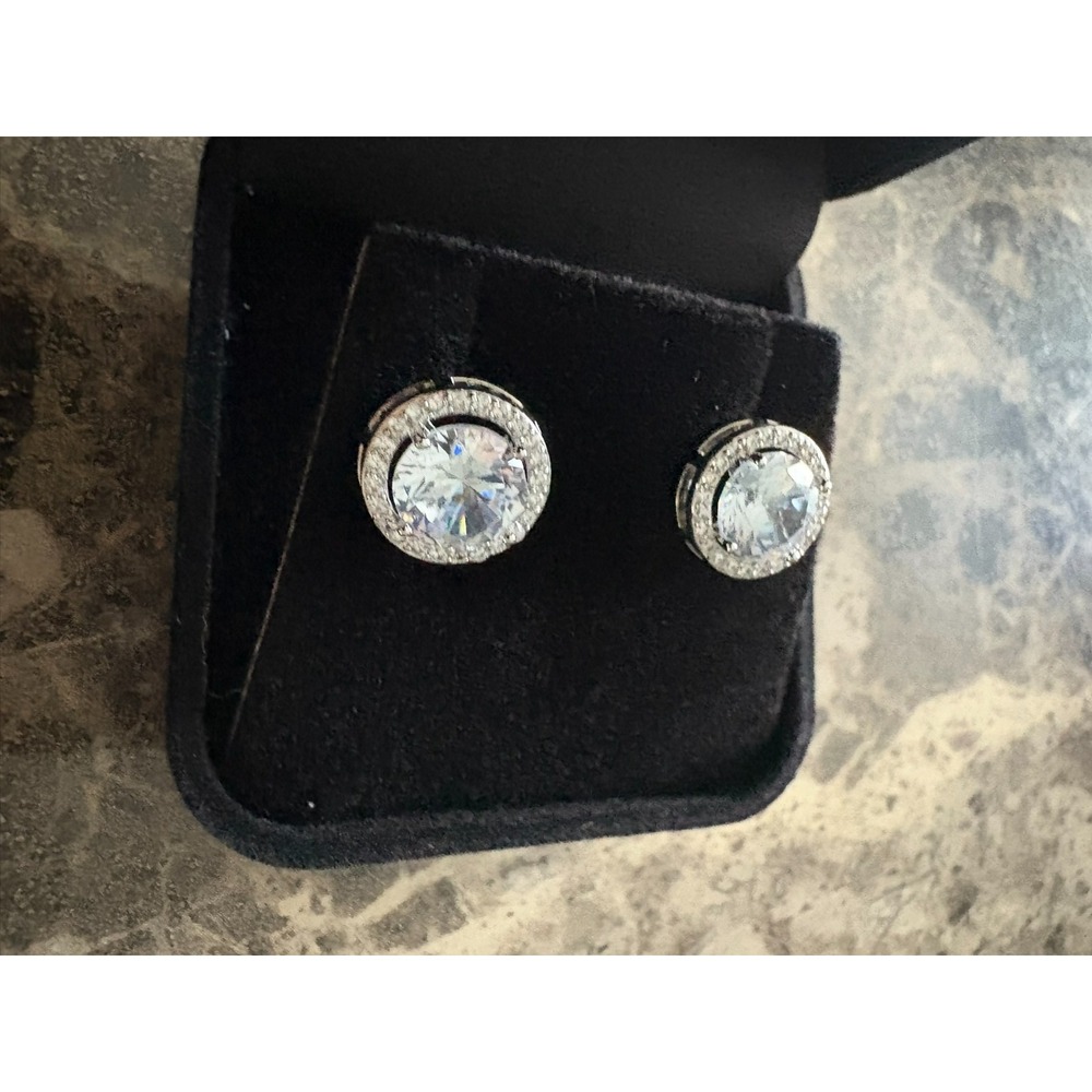 Silver Tone Round Halo Cubic Zirconia Stud Earrings Brilliant Cut Pave Border - Picture 5 of 14